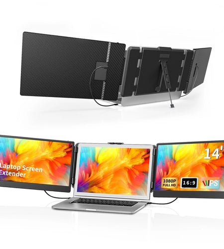 Portable Laptop Screen Extender - 14" Triple IPS FHD 1080P Monitor, Hdmi/Usb-A/Type-C, Compatible with Windows & Mac for Travel, Gaming, Work (Max Length: 15.74")