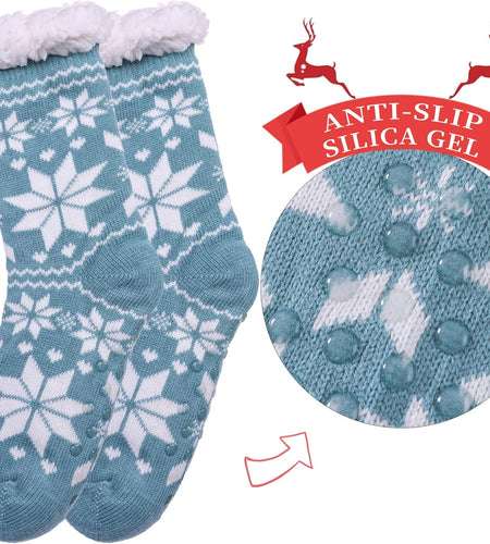 Women'S Winter Super Soft Warm Cozy Fuzzy Snowflake Deer Fleece-Lined with Grippers Slipper Socks