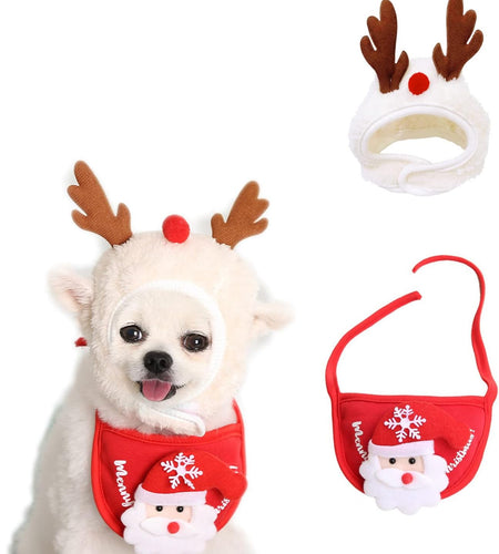 2PCS Christmas Adjustable Pet Christmas Costume Set Including Reindeer Antlers Christmas Tree Headband and Pet Christmas Accessories Decoration Scarf