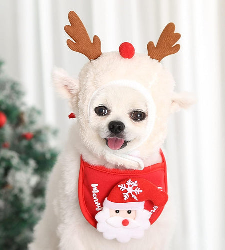 2PCS Christmas Adjustable Pet Christmas Costume Set Including Reindeer Antlers Christmas Tree Headband and Pet Christmas Accessories Decoration Scarf