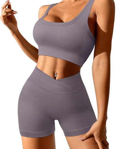 Womens Casual Two Piece Outfits Short Sets Summer Active Seamless Tracksuit High Waisted Yoga Shorts Crop Tank Top Set