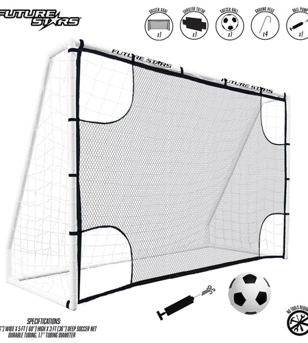 8Ft Soccer Goal Combo Set with Shooter Tutor, Official Size 5 Soccer Ball and Pump with Pin