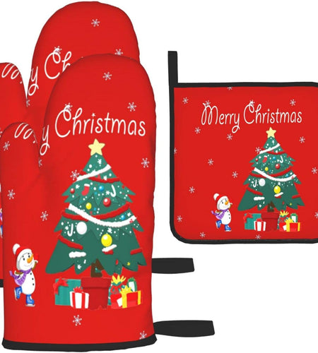 Christmas Oven Mitts - and Pot Holder Gloves Women Men Safe Cooking Oven Gloves for BBQ Cooking Housewarming Kitchen Decoration（ Christmas Oven Mitts Set Red）