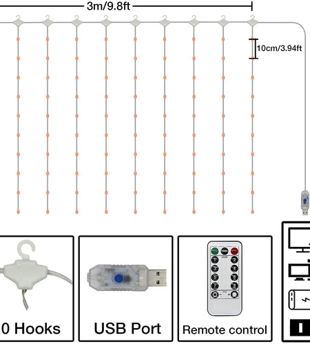 Window Curtain Light,300Led 9.8X9.8Ft White Twinkle Lights,Usb Plug-In 8 Modes Fairy Hanging String Light with Remote for Bedroom, Wedding, Party, Wall