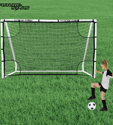 8Ft Soccer Goal Combo Set with Shooter Tutor, Official Size 5 Soccer Ball and Pump with Pin