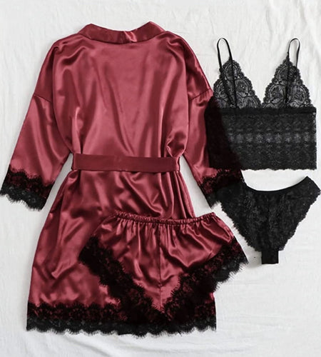Sexy Lingerie,  Silk Satin Pajamas for Women, Womens Summer Pajamas Pjs Sets of 4 Pcs with Floral Lace Top Shorts and Robe, Gift for Women, Burgundy, L