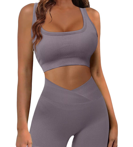 Womens Casual Two Piece Outfits Short Sets Summer Active Seamless Tracksuit High Waisted Yoga Shorts Crop Tank Top Set