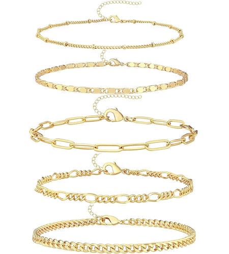 5PCS Ankle Bracelets for Women Teen Girls, 14K Gold Plated Waterproof Layered Cuban Figaro Link Chain Anklets Set Jewelry Gifts