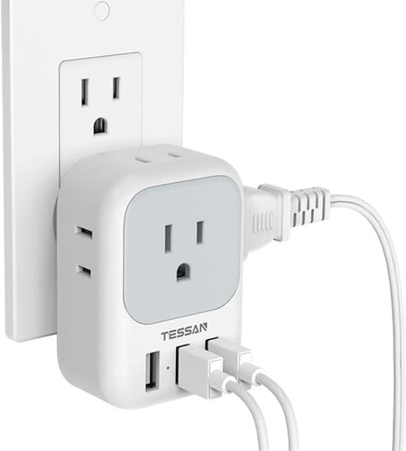 Multi Plug Outlet Extender with USB,  Electrical 4 Box Splitter 3 USB Wall Charger, Multiple Charging Station for Cruise, Travel, Office, Dorm Essentials