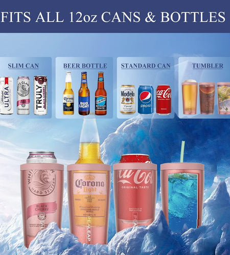 4 in 1 Insulated Slim Can Cooler for 12 OZ Cans and Beer Bottle - Keep 8 Hours Cold, Easy to Hold - Stainless Steel Can Holder, Double Walled Can Insulator for Hard Seltzer and More (Rose Gold)