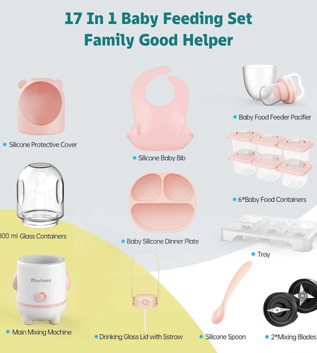 Baby Food Maker, 17-In-1 Baby Food Processor Set for Baby Food, Fruit, Vegatable, Meat, Baby Food Puree Blender with Baby Food Containers, Food Freezer Tray, Silicone Spoons, Spatula (Pink)