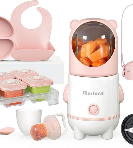 Baby Food Maker, 17-In-1 Baby Food Processor Set for Baby Food, Fruit, Vegatable, Meat, Baby Food Puree Blender with Baby Food Containers, Food Freezer Tray, Silicone Spoons, Spatula (Pink)