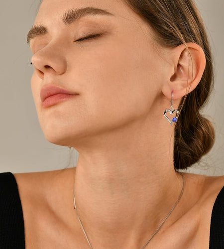 Heart Earrings Sterling Silver Heart Dangle Drop Earrings Sapphire/Emerald/Amethyst/Aquamarine Leverback Jewelry for Women