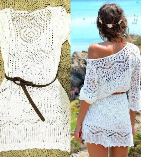 Summer Sexy Lace Crochet Beach Dress Women White See through Swimwear Swimsuit Cover up Mini Dresses