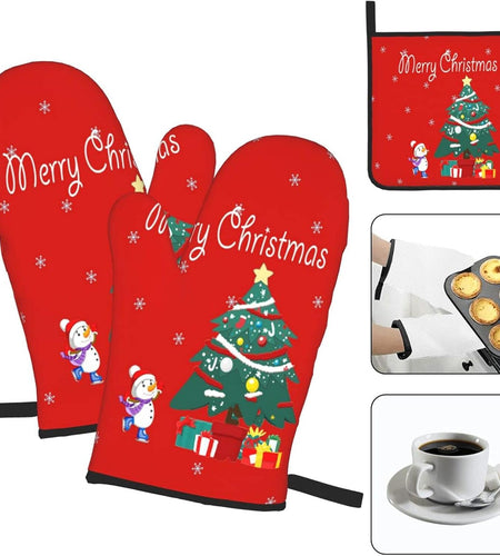 Christmas Oven Mitts - and Pot Holder Gloves Women Men Safe Cooking Oven Gloves for BBQ Cooking Housewarming Kitchen Decoration（ Christmas Oven Mitts Set Red）