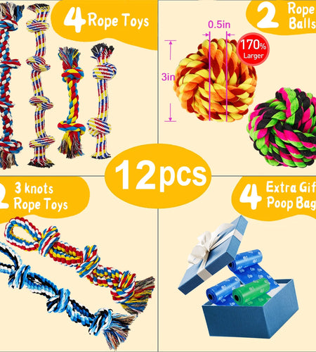 Large Dog Chew Toys for Aggressive Chewers, 12 Pack Indestructible Dog Rope Toys for Large Breeds, Heavy Duty Dental Cotton Rope Dog Toys, Puppy Teething Chew Toys, Tug of War Dog Toy