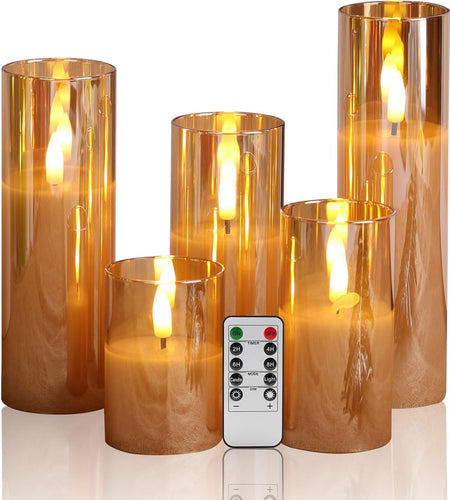 Gold Glass Flameless Candles with Remote, Flickering Slim Tall LED Wax Candles, Battery Operated Pillar Votive Candles Set of 5